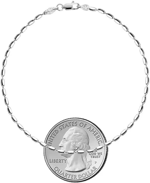 Savlano 925 Sterling Silver Oval Rice Bead Strand Chain Anklet For Women - Made in Italy Comes With a Gift Box