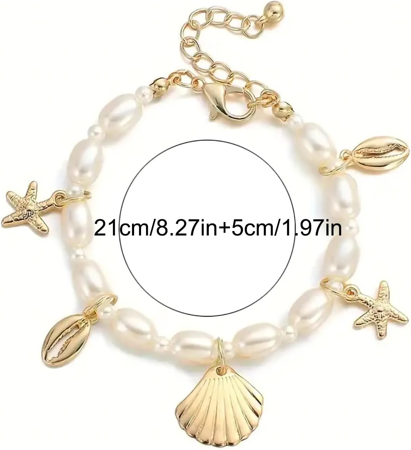 Shell Ankle Bracelet Set for Women, 14K Gold Boho Bead Adjustable Anklet, Hawaiian Beach Seashell Pearl Heart Starfish Conch Foot Jewelry Gifts