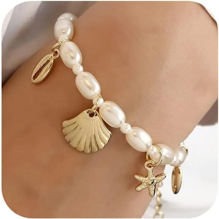 Shell Ankle Bracelet Set for Women, 14K Gold Boho Bead Adjustable Anklet, Hawaiian Beach Seashell Pearl Heart Starfish Conch Foot Jewelry Gifts