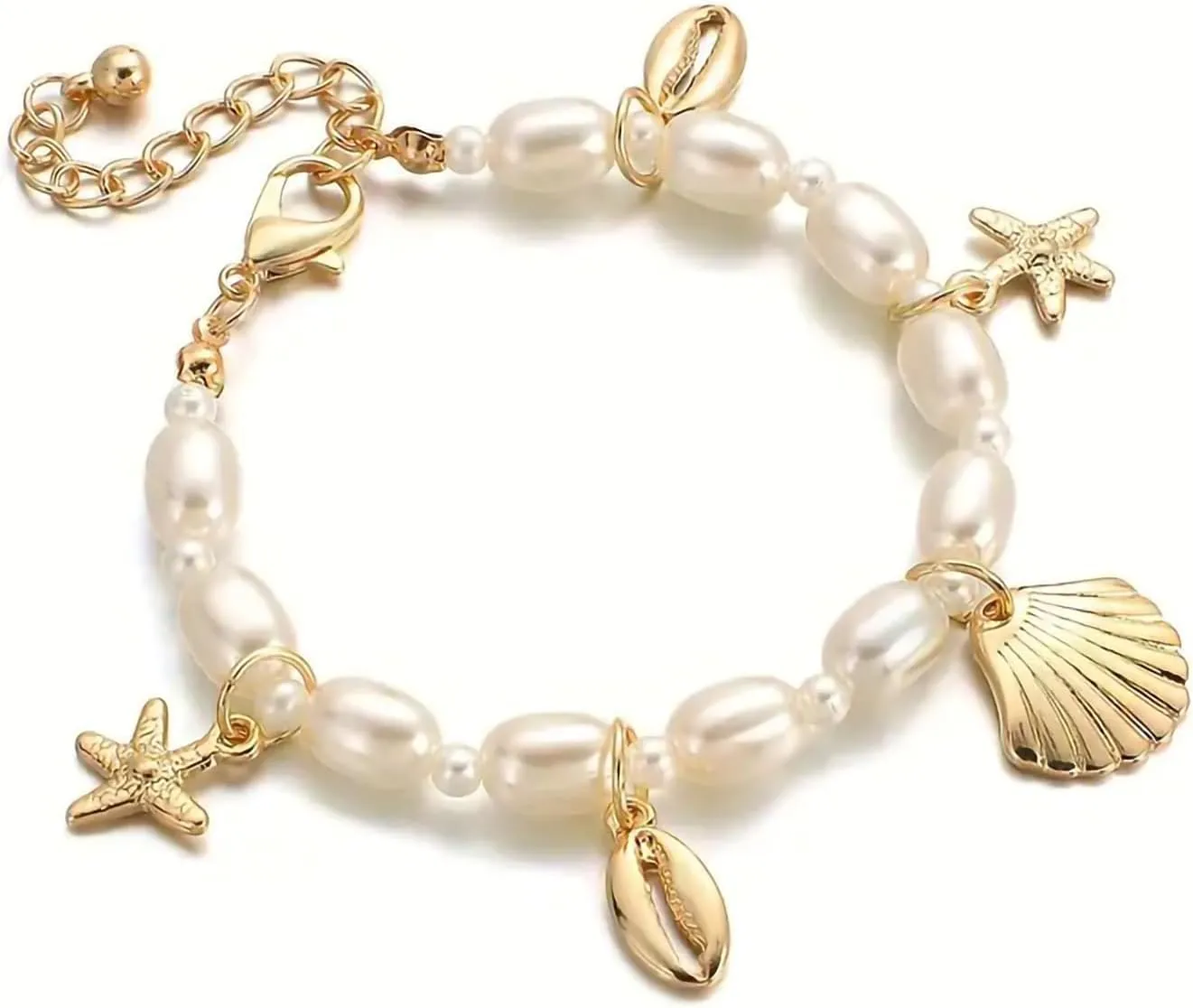 Shell Ankle Bracelet Set for Women, 14K Gold Boho Bead Adjustable Anklet, Hawaiian Beach Seashell Pearl Heart Starfish Conch Foot Jewelry Gifts