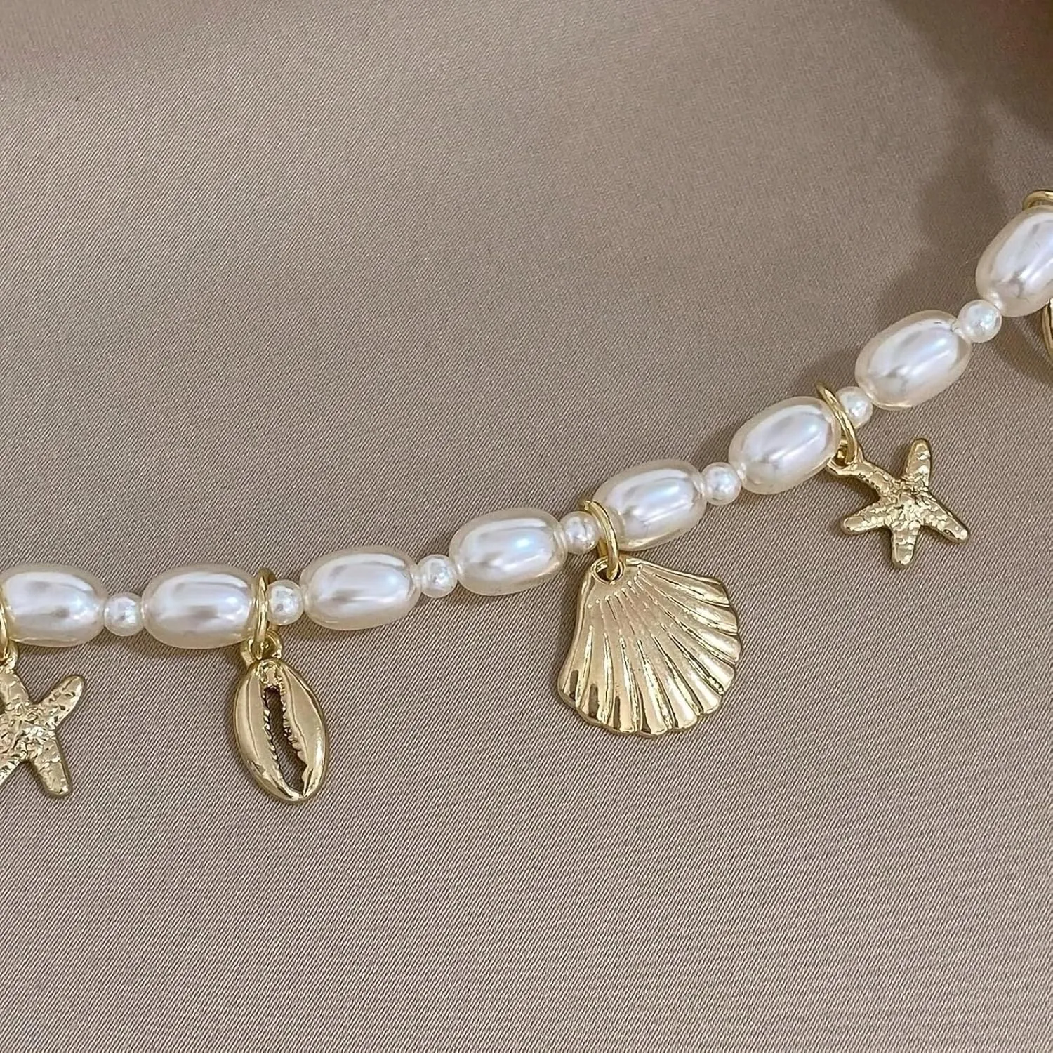 Shell Ankle Bracelet Set for Women, 14K Gold Boho Bead Adjustable Anklet, Hawaiian Beach Seashell Pearl Heart Starfish Conch Foot Jewelry Gifts
