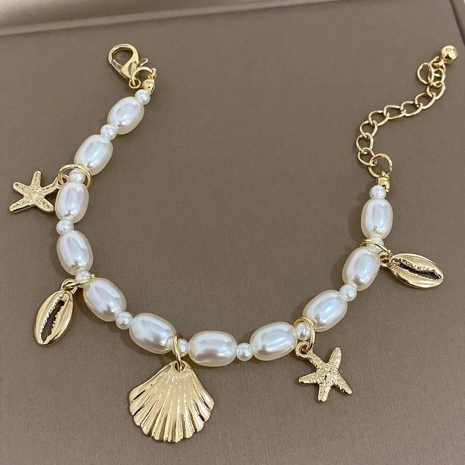 Shell Ankle Bracelet Set for Women, 14K Gold Boho Bead Adjustable Anklet, Hawaiian Beach Seashell Pearl Heart Starfish Conch Foot Jewelry Gifts