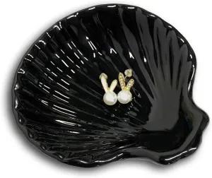 Shell Shape Ring Holder Dish, Seashell Jewelry Dish Tray, Ceramic Trinket Tray for Rings Earrings Necklaces Bracelet, Birthday Christmas Gift for Mom Friend Sister, 3.9", Black