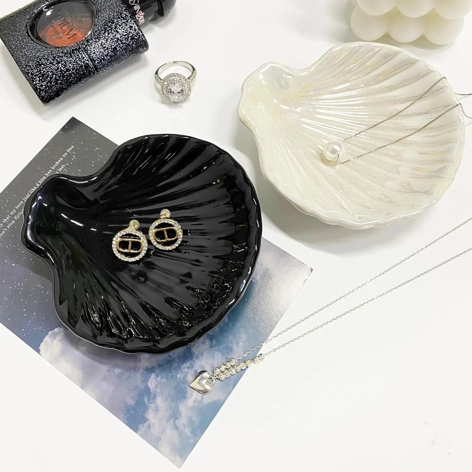Shell Shape Ring Holder Dish, Seashell Jewelry Dish Tray, Ceramic Trinket Tray for Rings Earrings Necklaces Bracelet, Birthday Christmas Gift for Mom Friend Sister, 3.9", Black