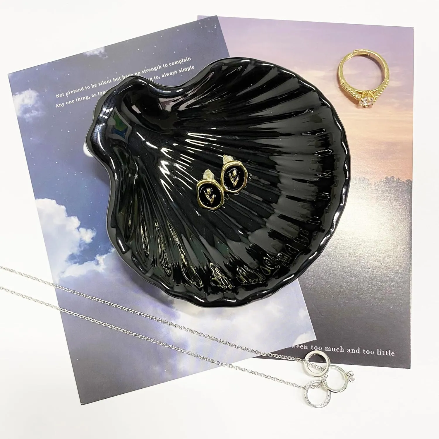 Shell Shape Ring Holder Dish, Seashell Jewelry Dish Tray, Ceramic Trinket Tray for Rings Earrings Necklaces Bracelet, Birthday Christmas Gift for Mom Friend Sister, 3.9", Black