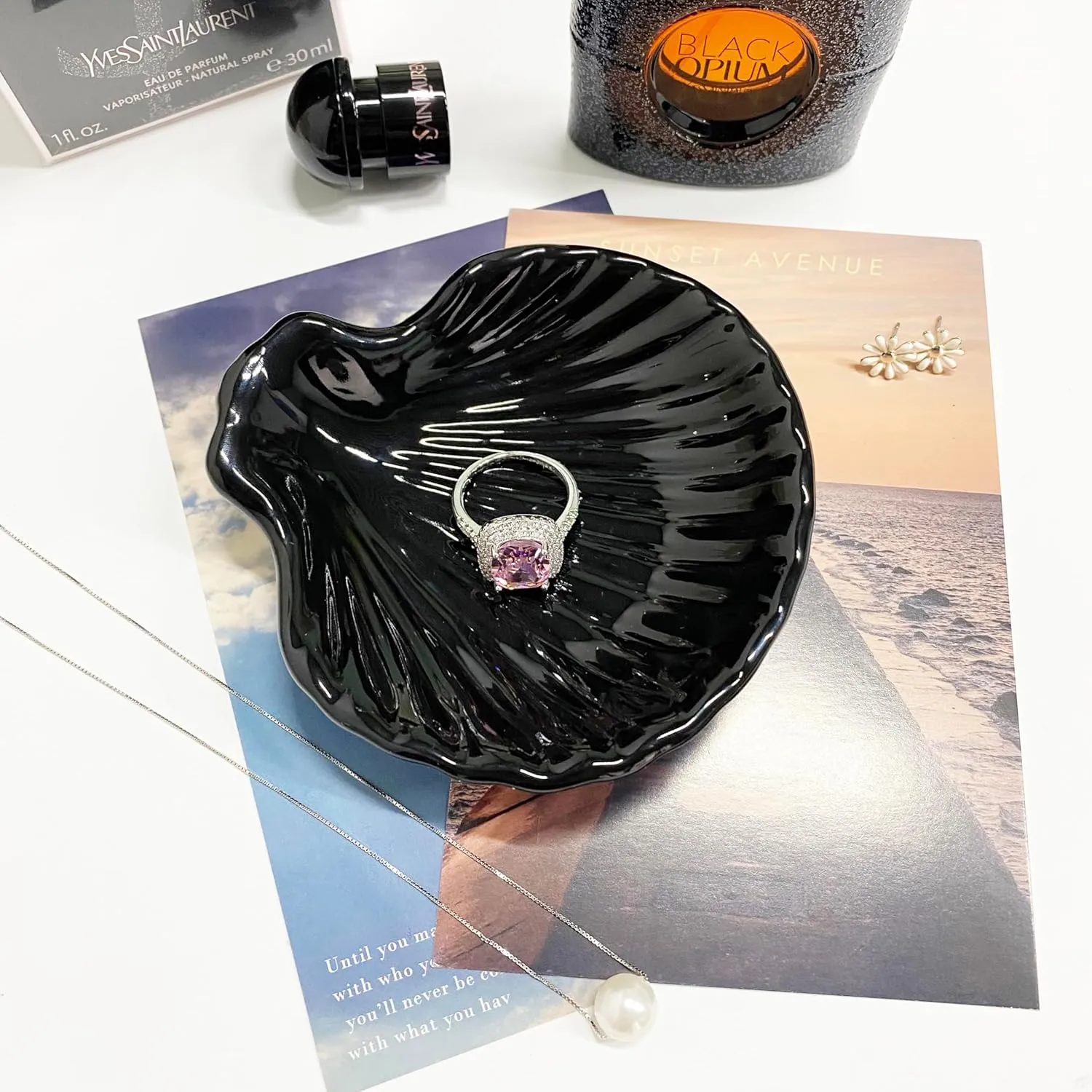 Shell Shape Ring Holder Dish, Seashell Jewelry Dish Tray, Ceramic Trinket Tray for Rings Earrings Necklaces Bracelet, Birthday Christmas Gift for Mom Friend Sister, 3.9", Black