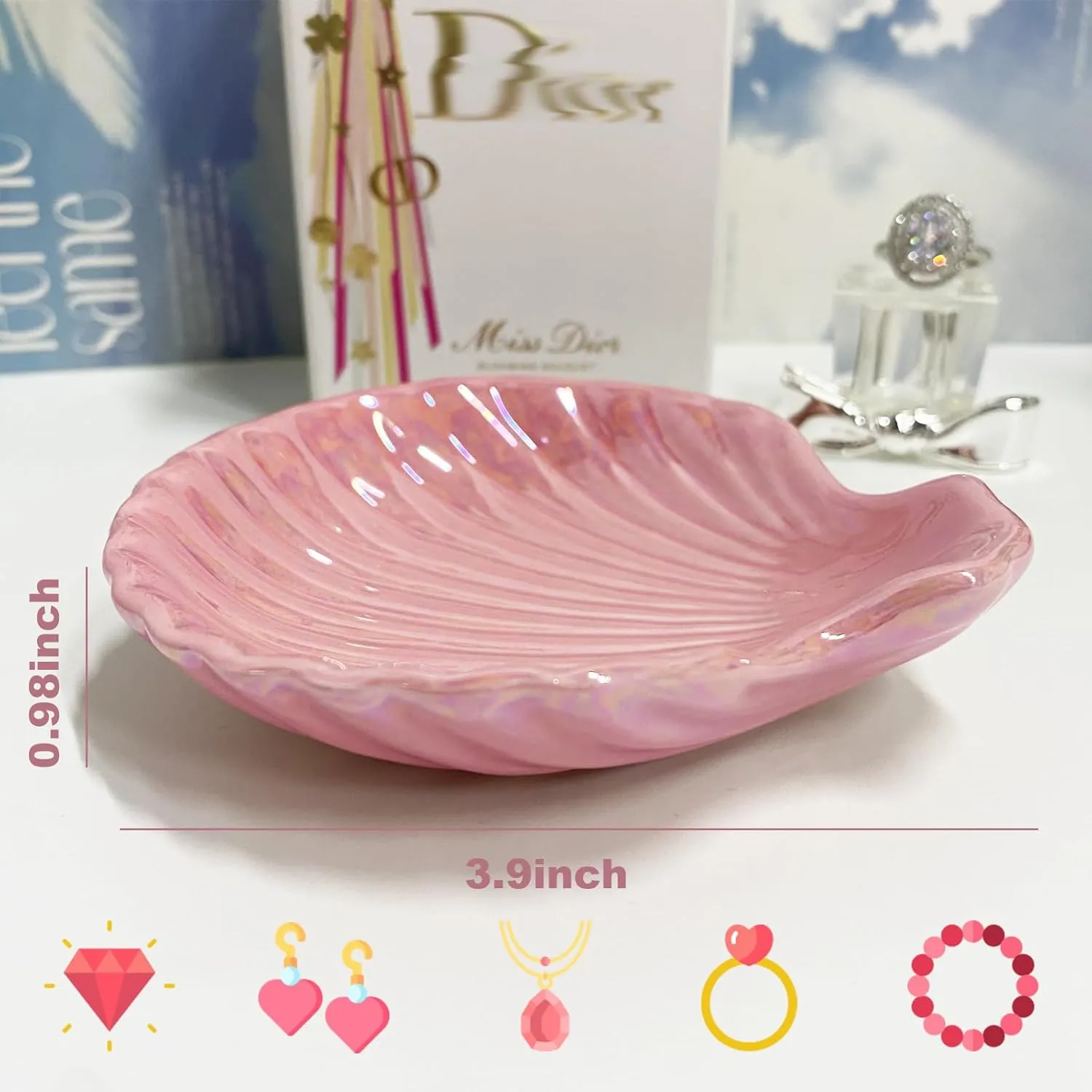 Shell Shape Ring Holder Dish, Seashell Jewelry Dish Tray, Ceramic Trinket Tray for Rings Earrings Necklaces Bracelet, Birthday Christmas Gift for Mom Friend Sister, 3.9", Pink Iridescent Surface