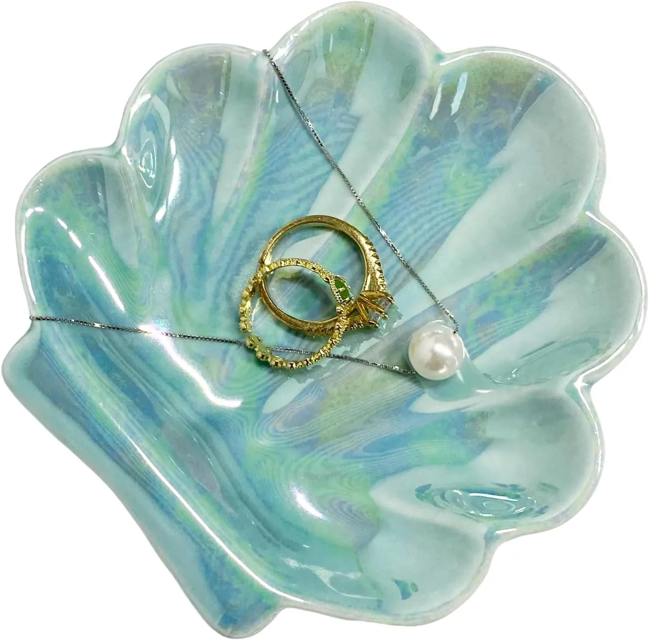Shell Trinket Dish, Ceramic Seashell Jewelry Dish Tray, Ocean Style Ring Holder, Coastal Organizer Plate for Rings Earrings Necklaces Bracelet Watch Keys, Birthday Mother's Day for Women(Peacock Blue)