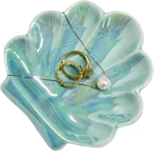 Shell Trinket Dish, Ceramic Seashell Jewelry Dish Tray, Ocean Style Ring Holder, Coastal Organizer Plate for Rings Earrings Necklaces Bracelet Watch Keys, Birthday Mother's Day for Women(Peacock Blue)