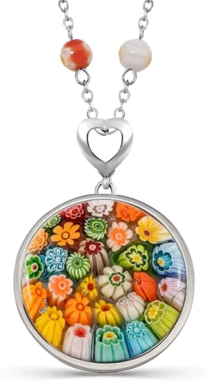 SHOP LC DELIVERING JOY Murano Style Millefiori Glass Necklace - Beaded Necklaces for Women Trendy - Colorful Flower Jewelry Stainless Steel 24" Christmas Birthday Gifts