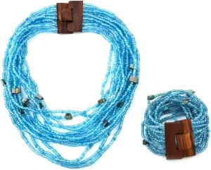 Shop LC Handmade Seed Bead Necklace & Bracelet Set - Blue Boho Jewelry for Women - Layered Multi Strand Beaded Statement Necklaces & Bracelets w/Wooden Clasp - Necklace Length 18" - Strechable