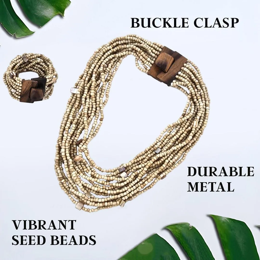 Shop LC Handmade Seed Bead Necklace & Bracelet Set - Boho Jewelry for Women - Layered Multi Strand Beaded Statement Necklaces & Bracelets w/Wooden Clasp - Necklace Length 18" - Strechable Bracelet Birthday Gifts