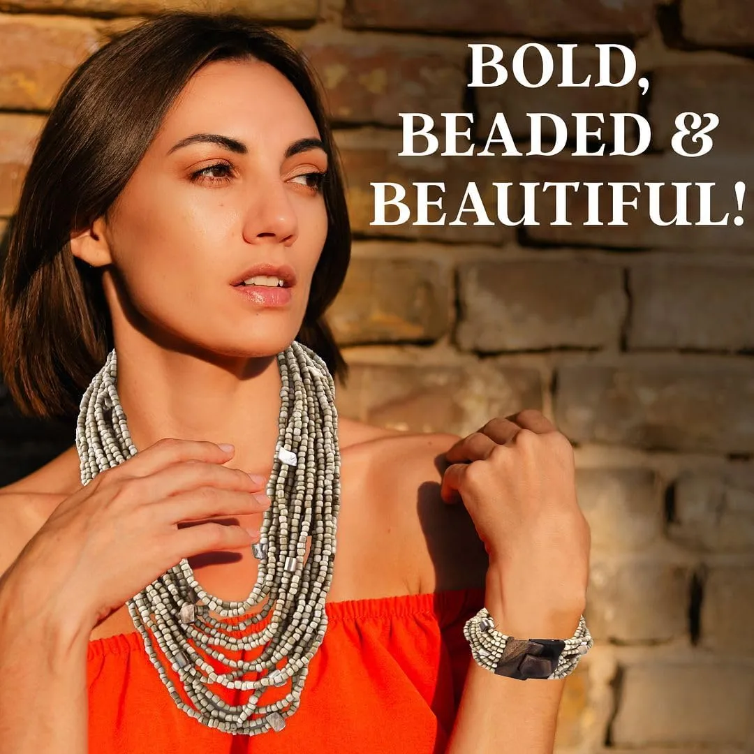 Shop LC Handmade Seed Bead Necklace & Bracelet Set - Boho Jewelry for Women - Layered Multi Strand Beaded Statement Necklaces & Bracelets w/Wooden Clasp - Necklace Length 18" - Strechable Bracelet Birthday Gifts