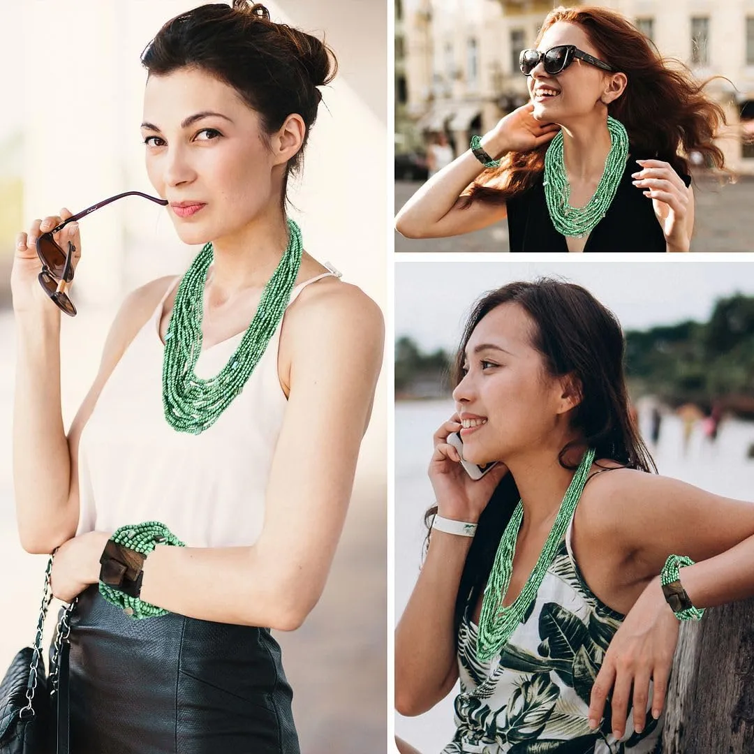 Shop LC Handmade Seed Bead Necklace & Bracelet Set - Boho Jewelry for Women - Layered Multi Strand Beaded Statement Necklaces & Bracelets w/Wooden Clasp - Necklace Length 18" - Strechable Bracelet Birthday Gifts