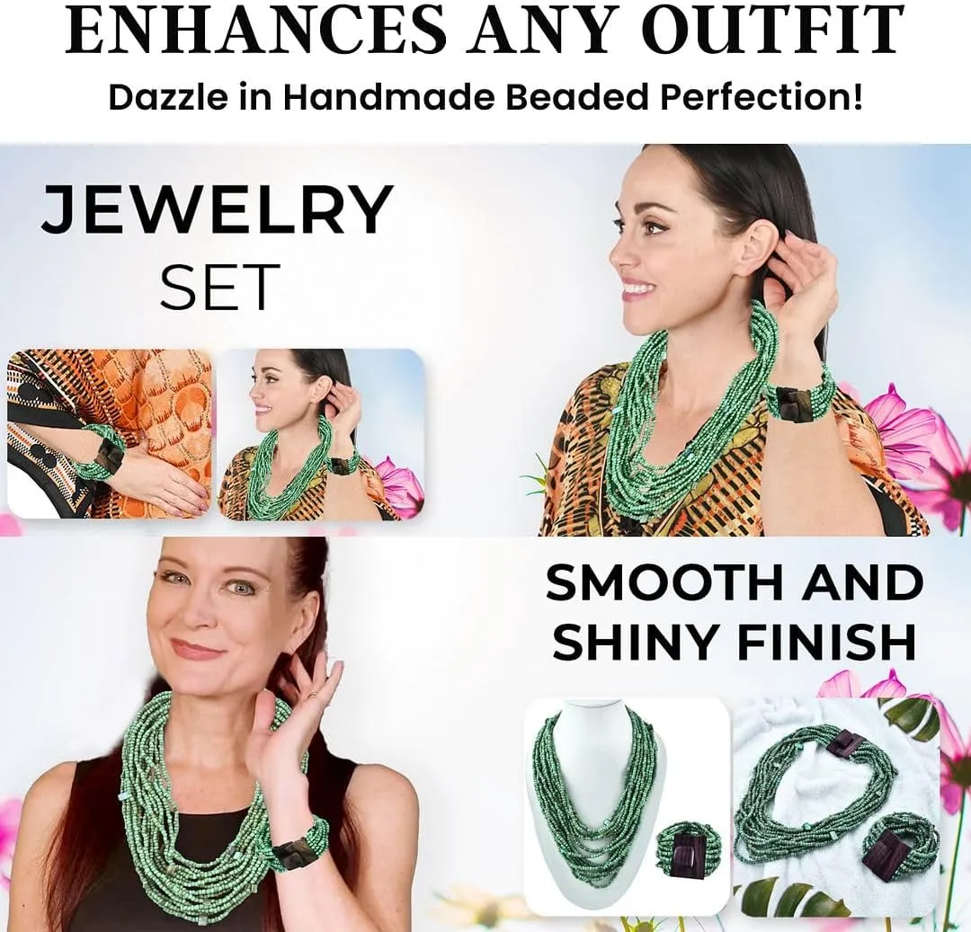 Shop LC Handmade Seed Bead Necklace & Bracelet Set - Boho Jewelry for Women - Layered Multi Strand Beaded Statement Necklaces & Bracelets w/Wooden Clasp - Necklace Length 18" - Strechable Bracelet Birthday Gifts
