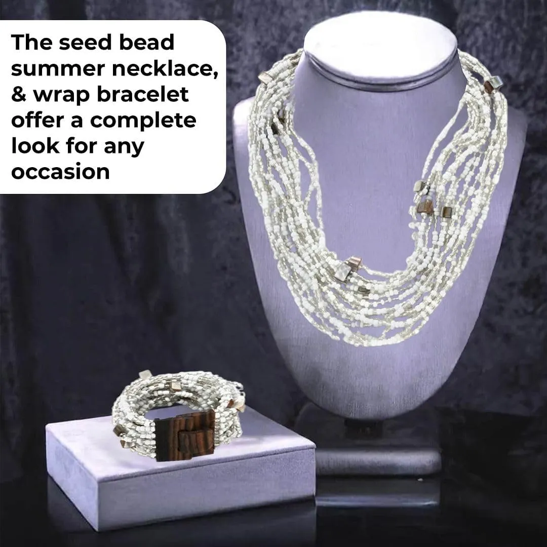 Shop LC Handmade Seed Bead Necklace & Bracelet Set - Boho Jewelry for Women - Layered Multi Strand Beaded Statement Necklaces & Bracelets w/Wooden Clasp - Necklace Length 18" - Strechable Bracelet Birthday Gifts