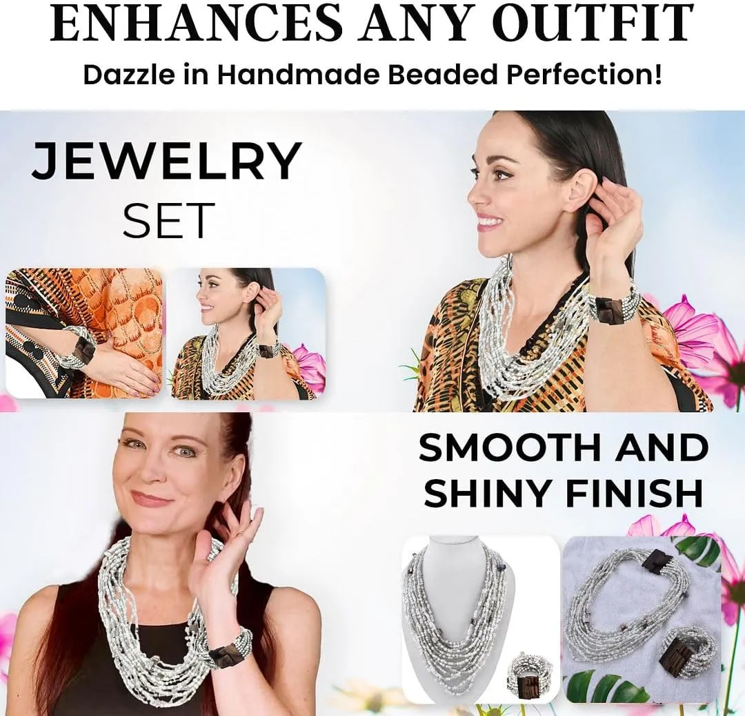 Shop LC Handmade Seed Bead Necklace & Bracelet Set - Boho Jewelry for Women - Layered Multi Strand Beaded Statement Necklaces & Bracelets w/Wooden Clasp - Necklace Length 18" - Strechable Bracelet Birthday Gifts