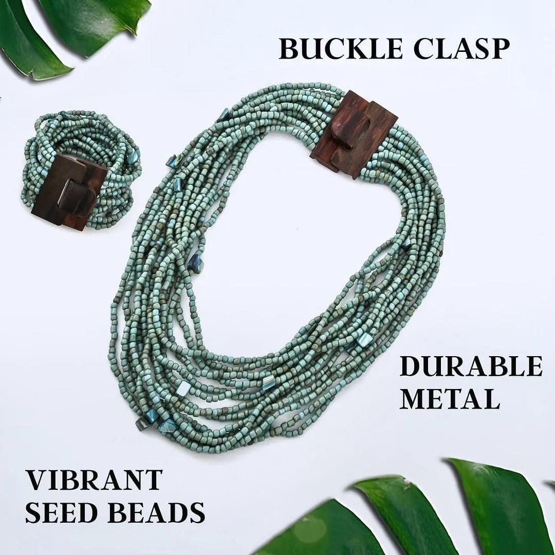 Shop LC Handmade Seed Bead Necklace & Bracelet Set - Boho Jewelry for Women - Layered Multi Strand Beaded Statement Necklaces & Bracelets w/Wooden Clasp - Necklace Length 18" - Strechable Bracelet Birthday Gifts