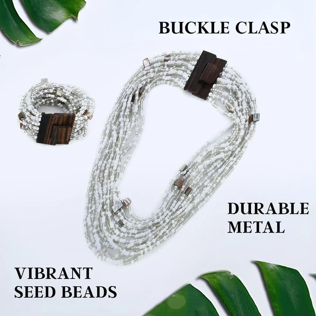 Shop LC Handmade Seed Bead Necklace & Bracelet Set - Boho Jewelry for Women - Layered Multi Strand Beaded Statement Necklaces & Bracelets w/Wooden Clasp - Necklace Length 18" - Strechable Bracelet Birthday Gifts
