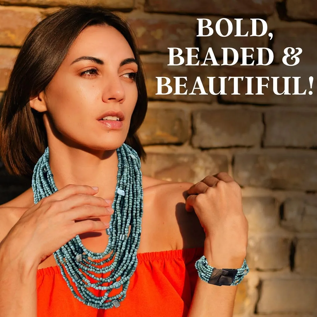 Shop LC Handmade Seed Bead Necklace & Bracelet Set - Boho Jewelry for Women - Layered Multi Strand Beaded Statement Necklaces & Bracelets w/Wooden Clasp - Necklace Length 18" - Strechable Bracelet Birthday Gifts