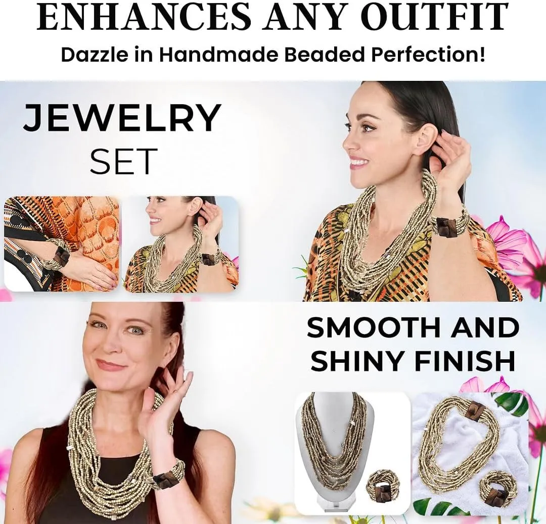 Shop LC Handmade Seed Bead Necklace & Bracelet Set - Boho Jewelry for Women - Layered Multi Strand Beaded Statement Necklaces & Bracelets w/Wooden Clasp - Necklace Length 18" - Strechable Bracelet Birthday Gifts