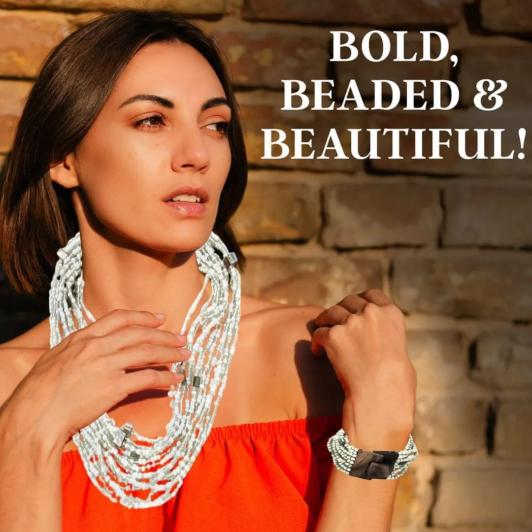 Shop LC Handmade Seed Bead Necklace & Bracelet Set - Boho Jewelry for Women - Layered Multi Strand Beaded Statement Necklaces & Bracelets w/Wooden Clasp - Necklace Length 18" - Strechable Bracelet Birthday Gifts
