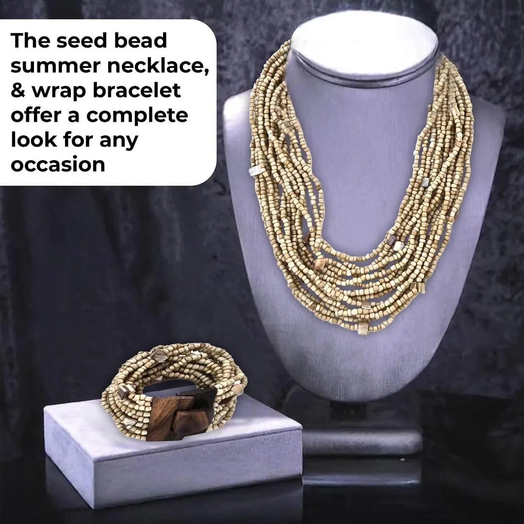 Shop LC Handmade Seed Bead Necklace & Bracelet Set - Boho Jewelry for Women - Layered Multi Strand Beaded Statement Necklaces & Bracelets w/Wooden Clasp - Necklace Length 18" - Strechable Bracelet Birthday Gifts