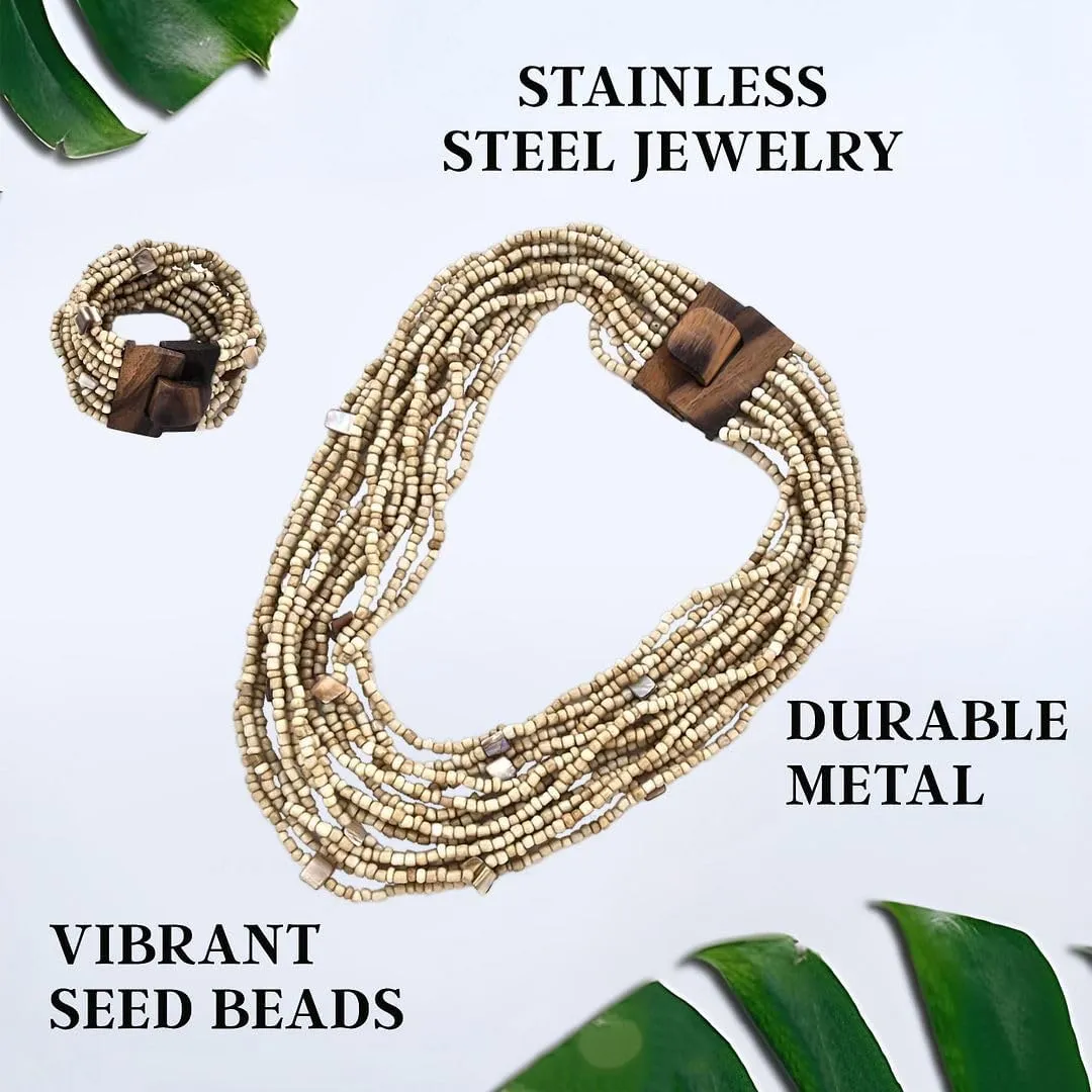 Shop LC Handmade Seed Bead Necklace & Bracelet Set - Boho Jewelry for Women - Layered Multi Strand Beaded Statement Necklaces & Bracelets w/Wooden Clasp - Necklace Length 18" - Strechable Bracelet Birthday Gifts