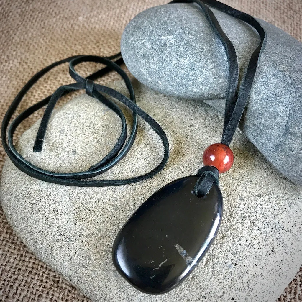 Shungite Medallion w/Jasper Bead, Pendant, Unisex Necklace