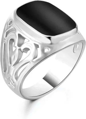 Signet Pinky Ring with Black Square Enamel 18K Gold Plated for Men and Women Size 6-14