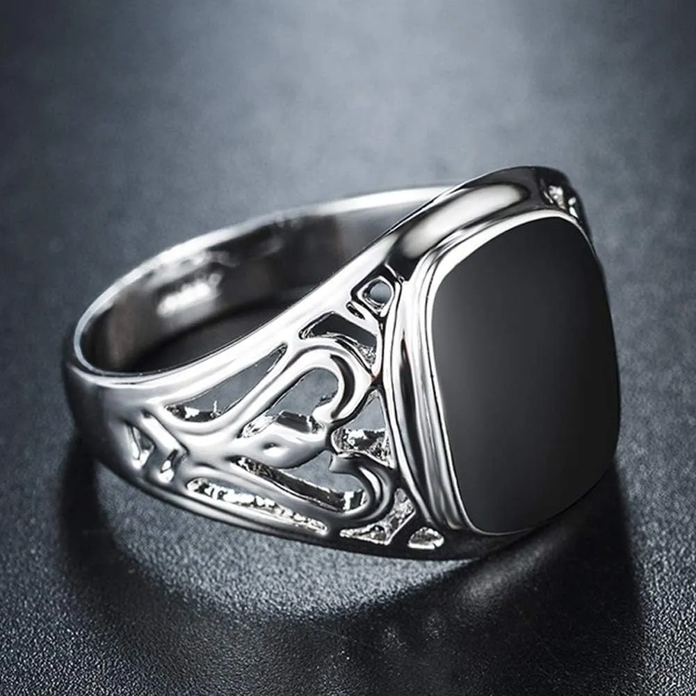 Signet Pinky Ring with Black Square Enamel 18K Gold Plated for Men and Women Size 6-14