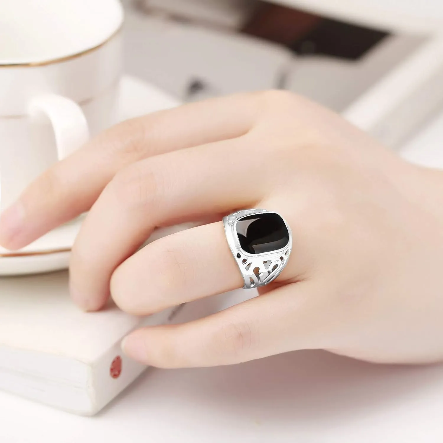 Signet Pinky Ring with Black Square Enamel 18K Gold Plated for Men and Women Size 6-14