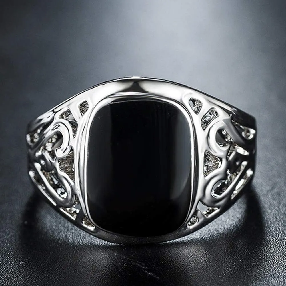 Signet Pinky Ring with Black Square Enamel 18K Gold Plated for Men and Women Size 6-14
