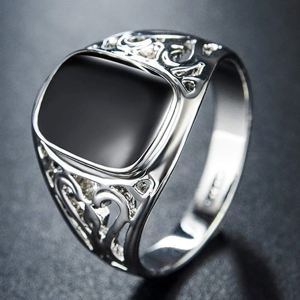 Signet Pinky Ring with Black Square Enamel 18K Gold Plated for Men and Women Size 6-14