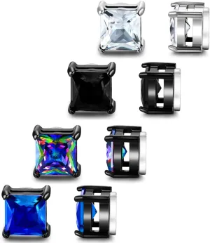 SIISPRI 4 Pairs Stainless Steel Clip on Earrings - Non Piercing, Unisex CZ Magnetic Earrings for Men 6MM