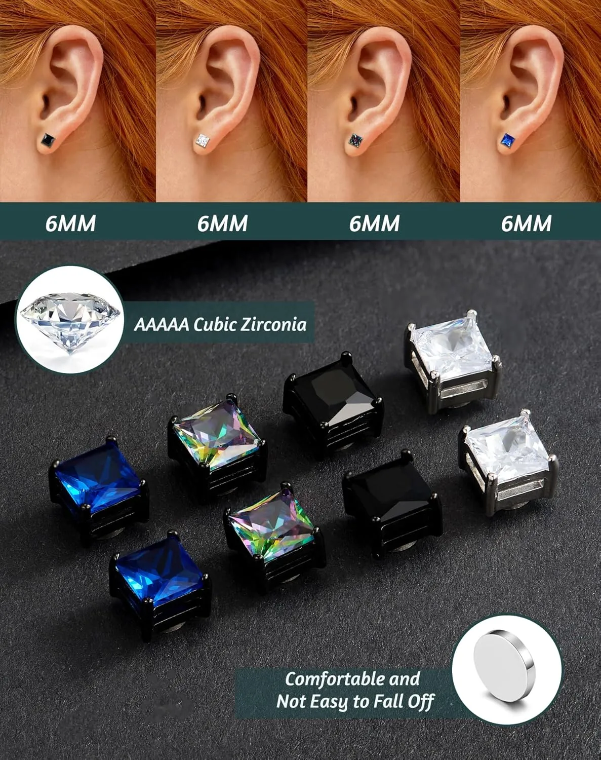 SIISPRI 4 Pairs Stainless Steel Clip on Earrings - Non Piercing, Unisex CZ Magnetic Earrings for Men 6MM