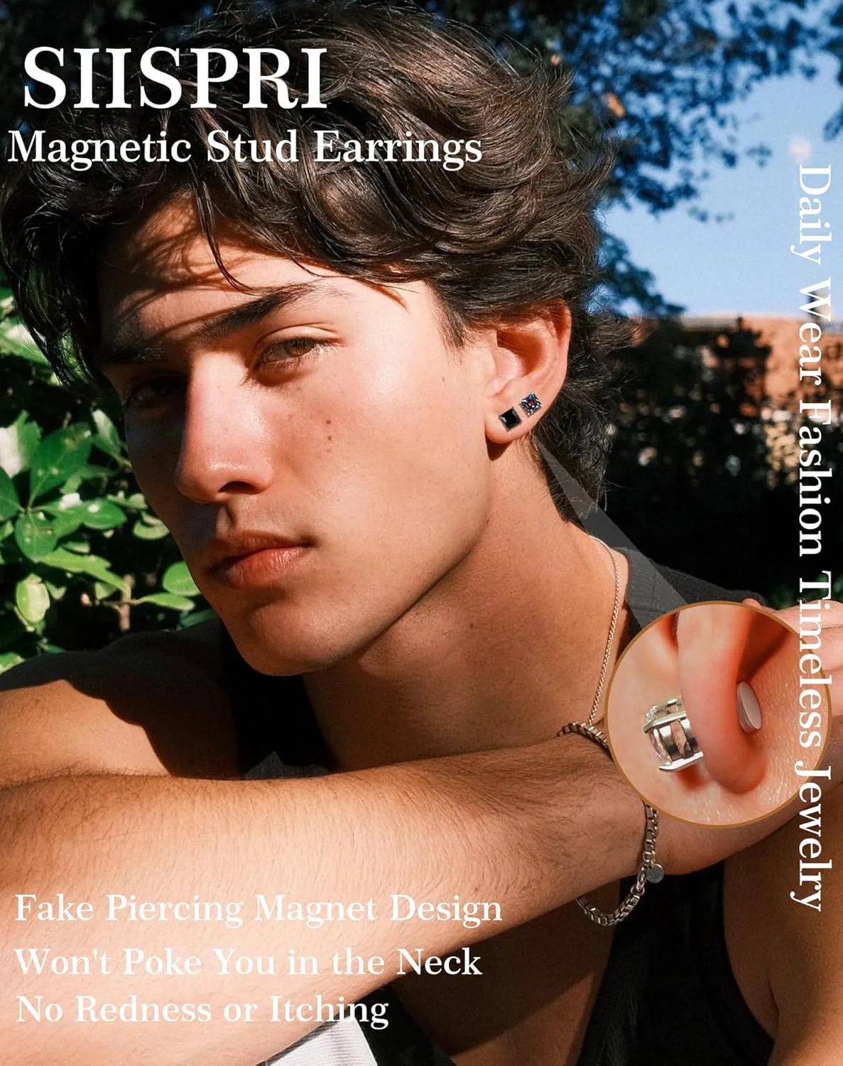 SIISPRI 4 Pairs Stainless Steel Clip on Earrings - Non Piercing, Unisex CZ Magnetic Earrings for Men 6MM