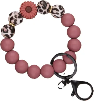 Silicone Beaded Bracelet Wristlet Keychain Key Ring Daisy Flower Leopard Cute Bangle for Women Car Key Chain Holder