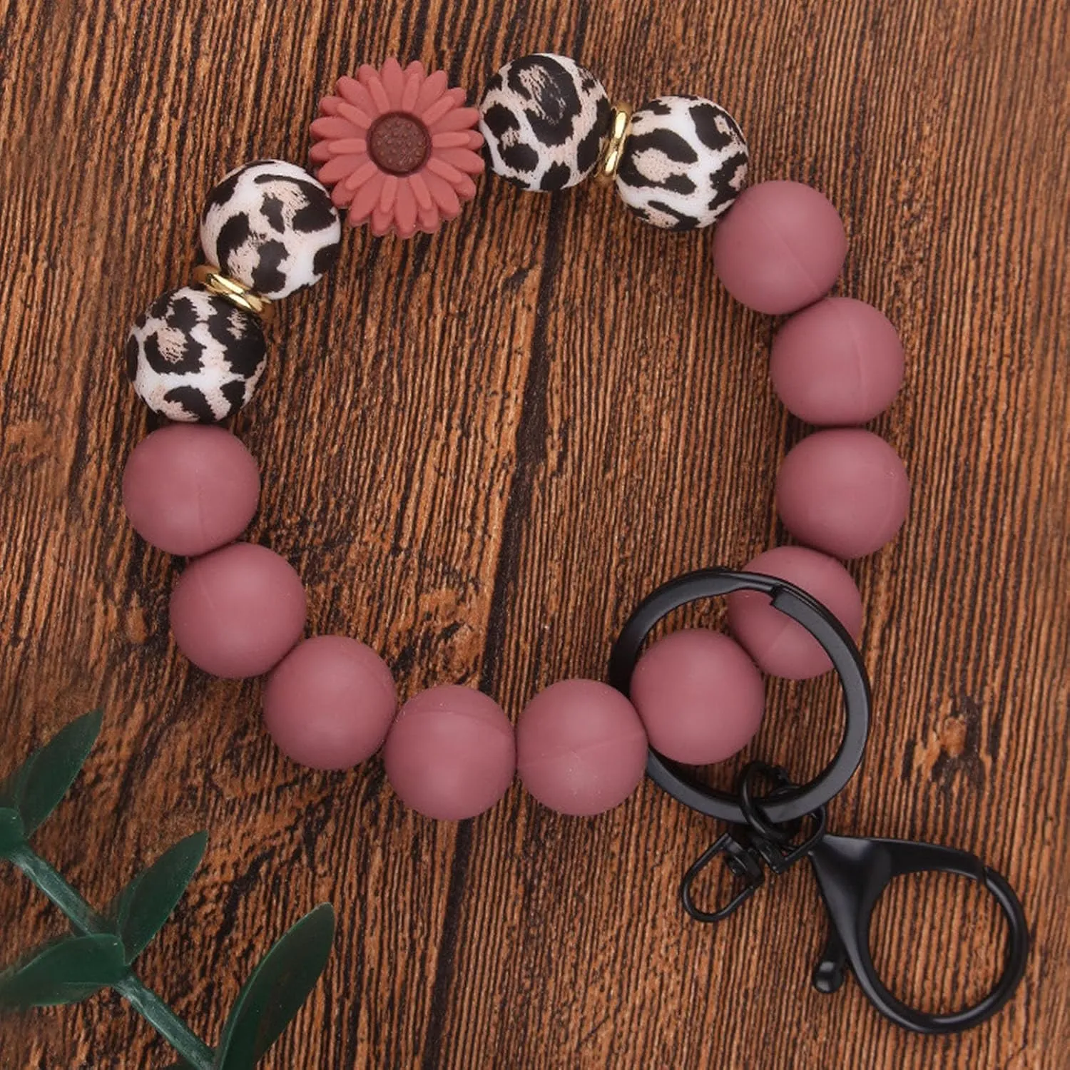 Silicone Beaded Bracelet Wristlet Keychain Key Ring Daisy Flower Leopard Cute Bangle for Women Car Key Chain Holder