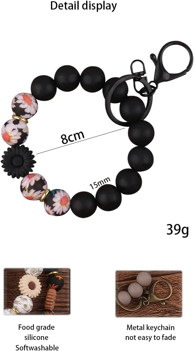 Silicone Beaded Bracelet Wristlet Keychain Key Ring Daisy Flower Leopard Cute Bangle for Women Car Key Chain Holder