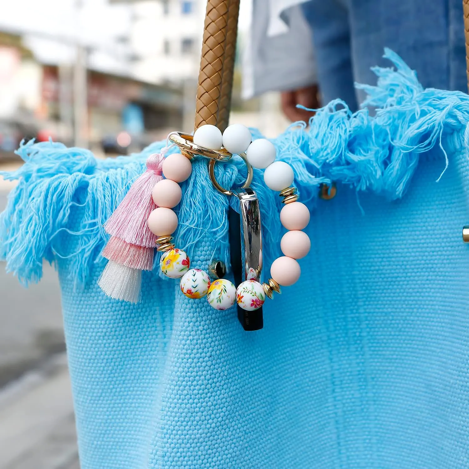 Silicone Key Ring Bracelet Beaded keychain Wristlet Beaded Bangle Wristlet Keychain House Car Keys for Women