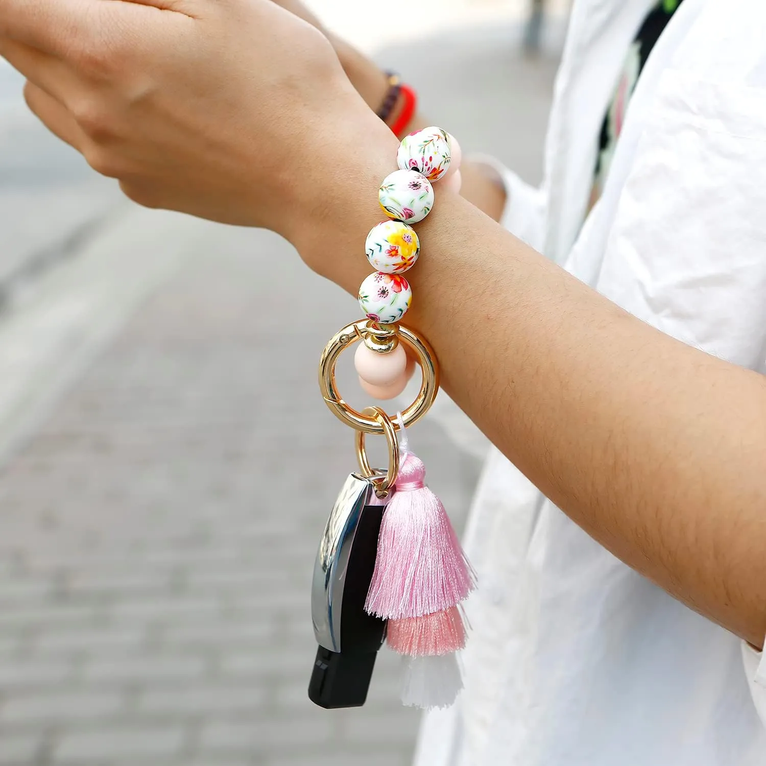Silicone Key Ring Bracelet Beaded keychain Wristlet Beaded Bangle Wristlet Keychain House Car Keys for Women