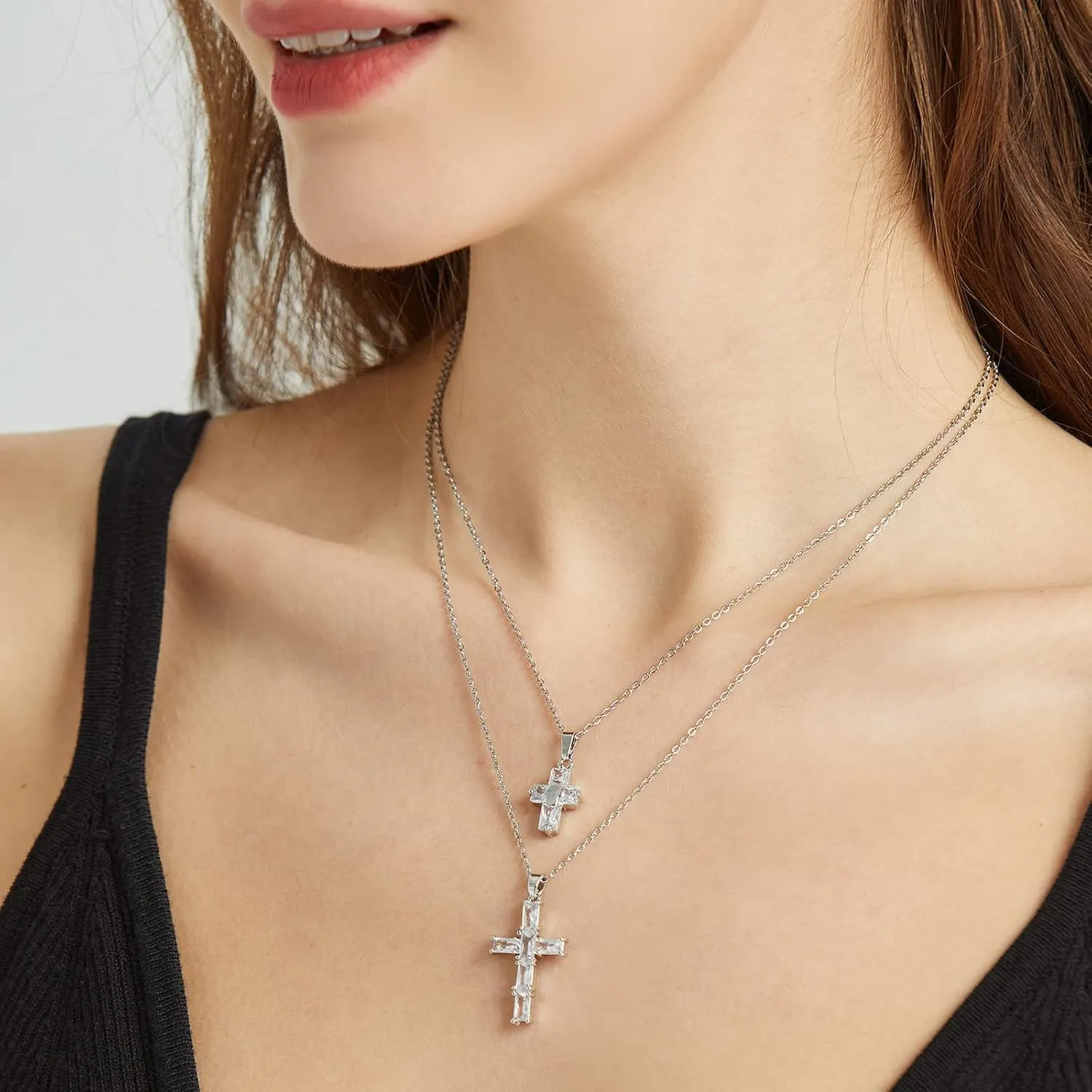 Silver Cross Necklaces for Women Layered Diamond Cross Pendant Necklace Silver Crucifix Necklace for Girls