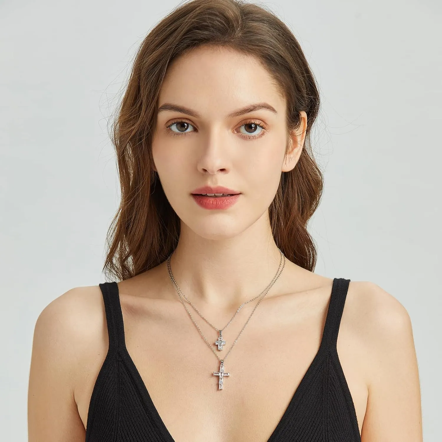 Silver Cross Necklaces for Women Layered Diamond Cross Pendant Necklace Silver Crucifix Necklace for Girls
