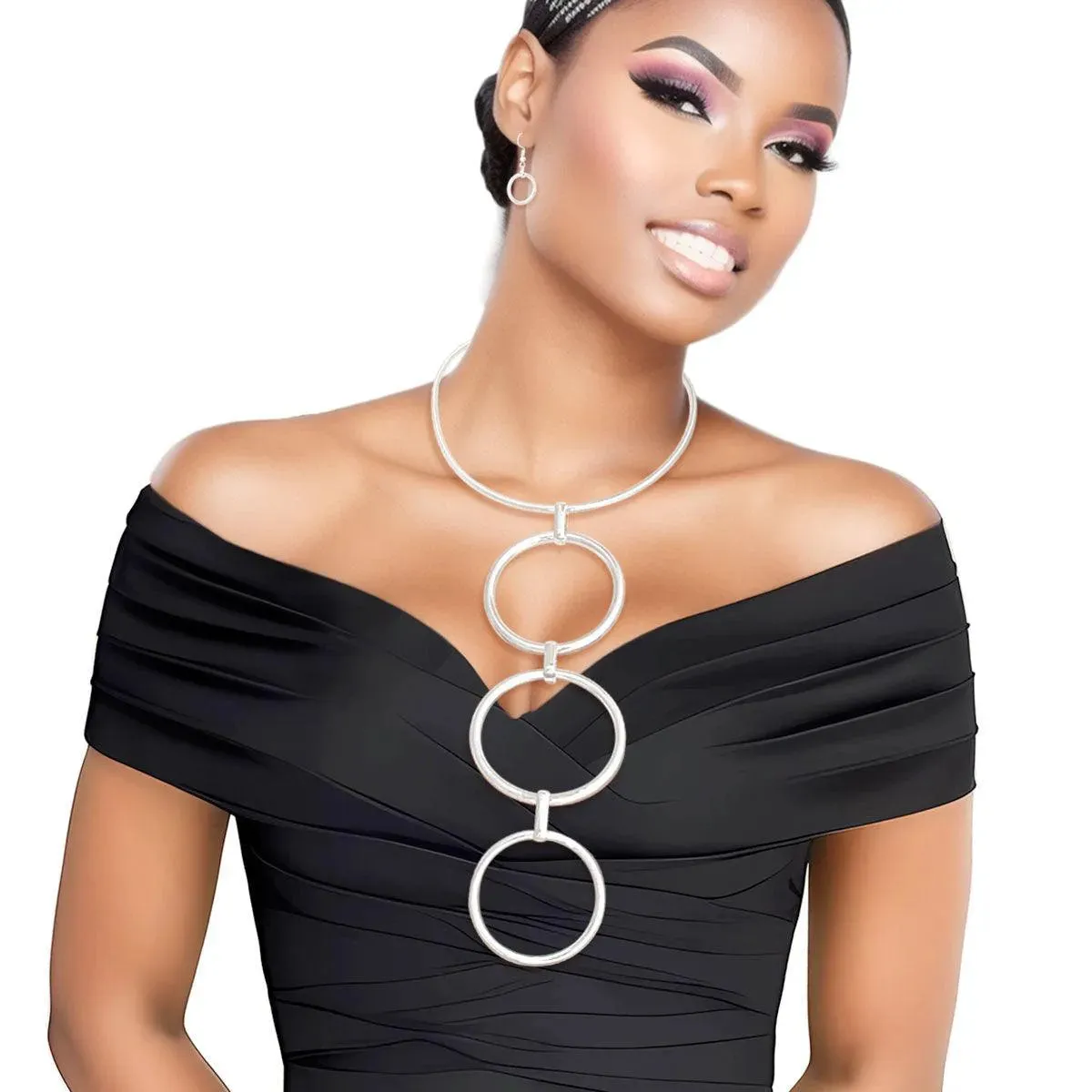 Silver Linked Rings Necklace Set: Modernist Fashion Jewelry