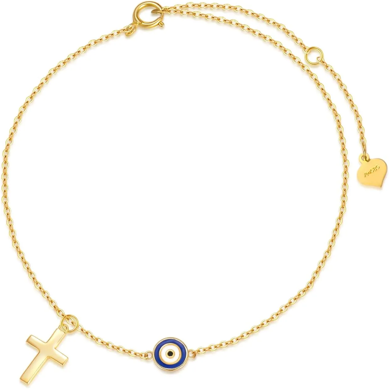Silwan 14K Gold Cross and Evil Eye Anklet for Women, Yellow Gold Religious Cross Adjustable Anklets Foot Evil Eye Ankle Bracelet Fine Jewelry Gifts for Her Wife Mom,8 1 1 inch