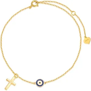 Silwan 14K Gold Cross and Evil Eye Anklet for Women, Yellow Gold Religious Cross Adjustable Anklets Foot Evil Eye Ankle Bracelet Fine Jewelry Gifts for Her Wife Mom,8 1 1 inch