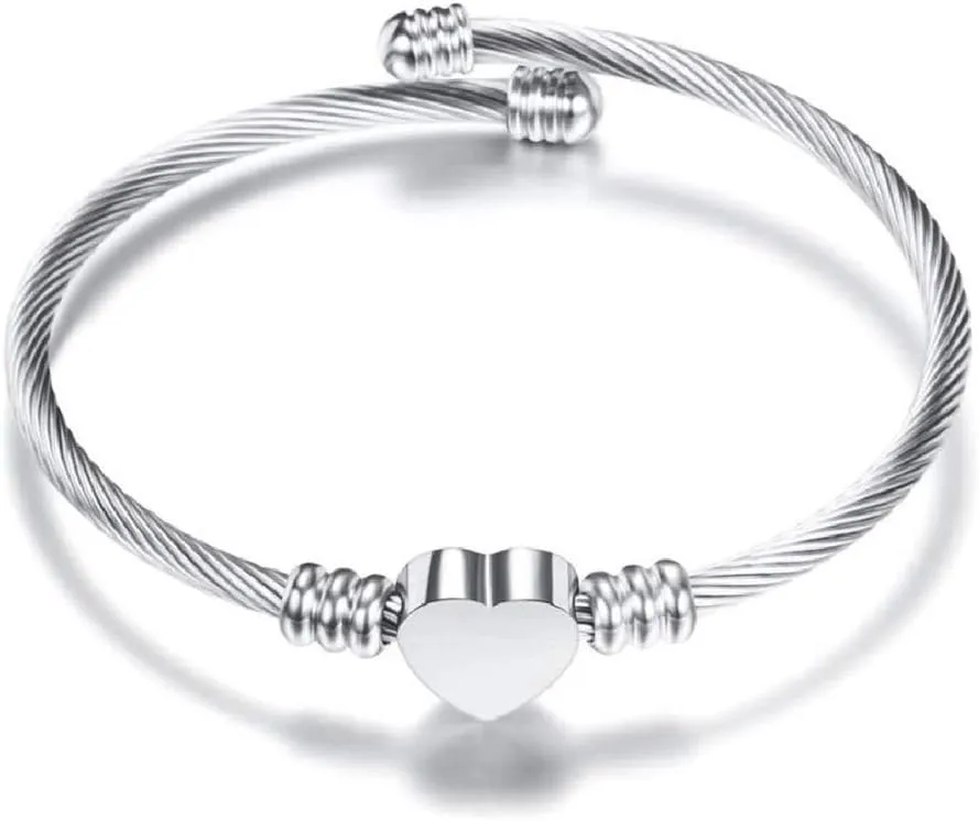 Simple Love Heart Bangle Bracelets for Women BFF Family Stainless Steel Adjustable Birthday Gold, Silver, Rose Gold