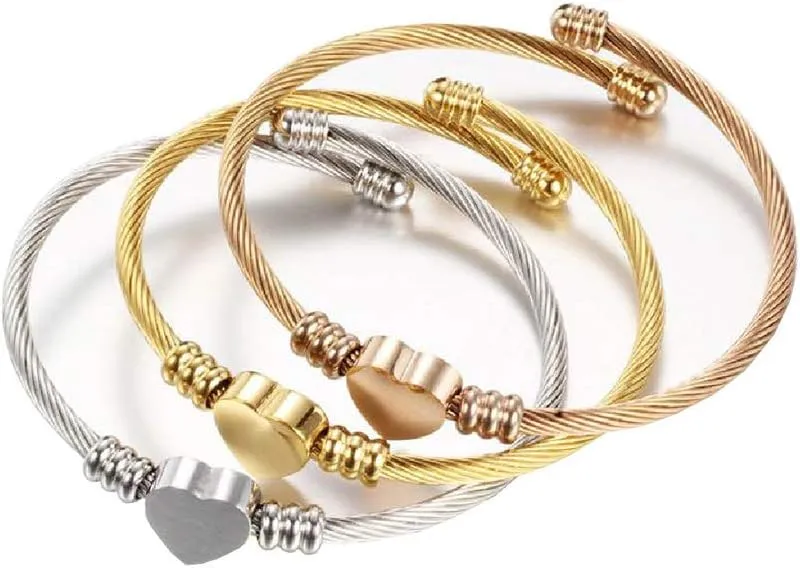 Simple Love Heart Bangle Bracelets for Women BFF Family Stainless Steel Adjustable Birthday Gold, Silver, Rose Gold