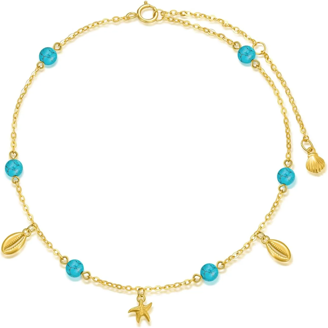 SISGEM 14K Real Gold Starfish Shell Anklet for Women,Yellow Gold Created Turquoise Sea Beach Anklets Bracelets,Ocean Jewelry Birthday Gifts for Wife Girlfriend Mom,8 1 1 inch